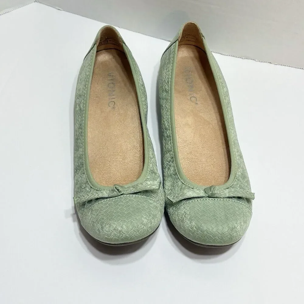 Vionic Amorie Women’s US 7 Velvet Sage Leather Orthotic Slip-On Bow Ballet Flat